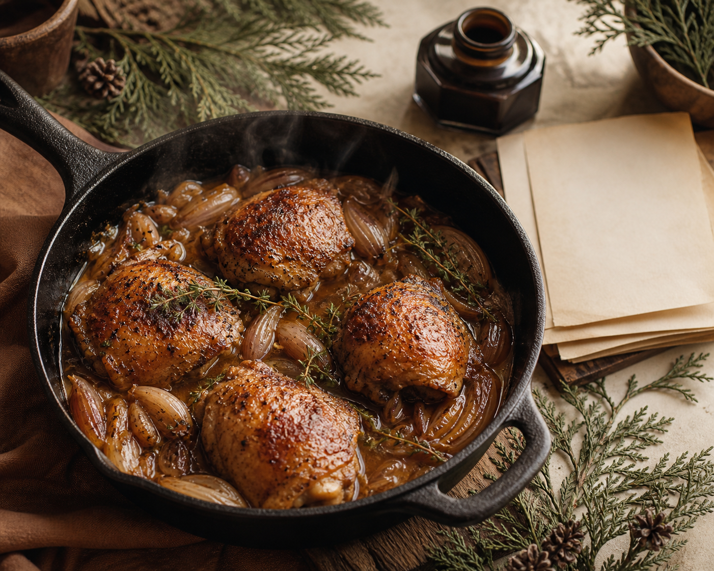 Cider-Braised Cast-Iron Chicken with Shallots and Thyme