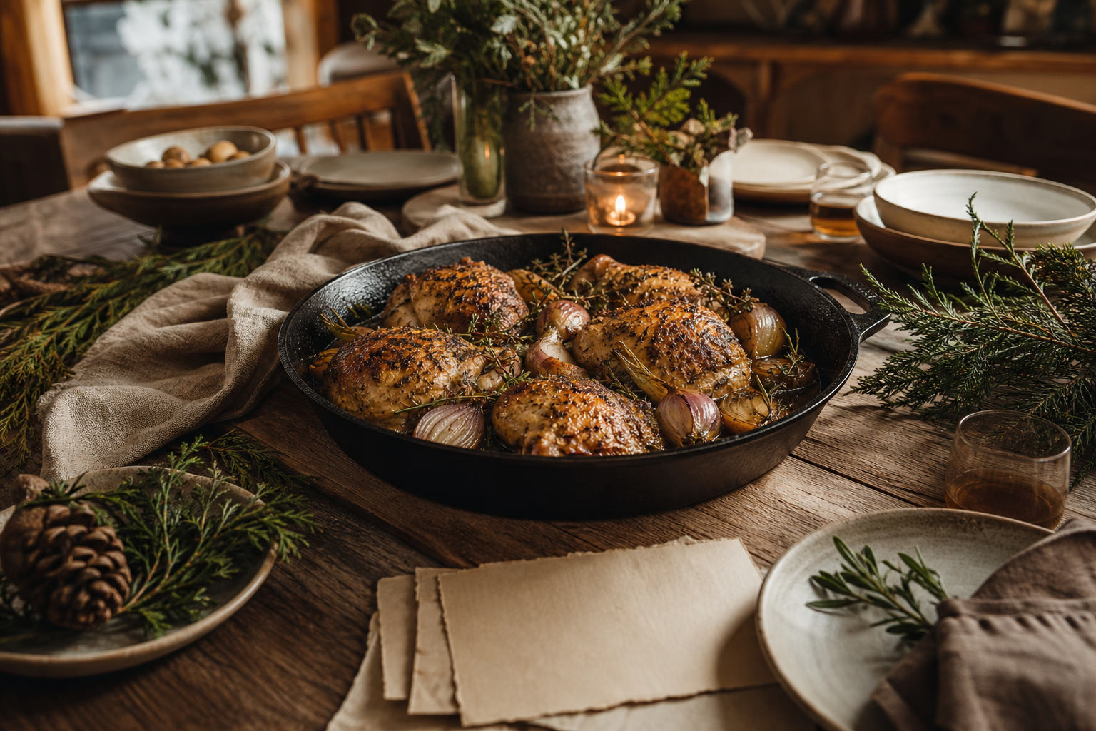 A rustic cast-iron family dinner on a wooden table